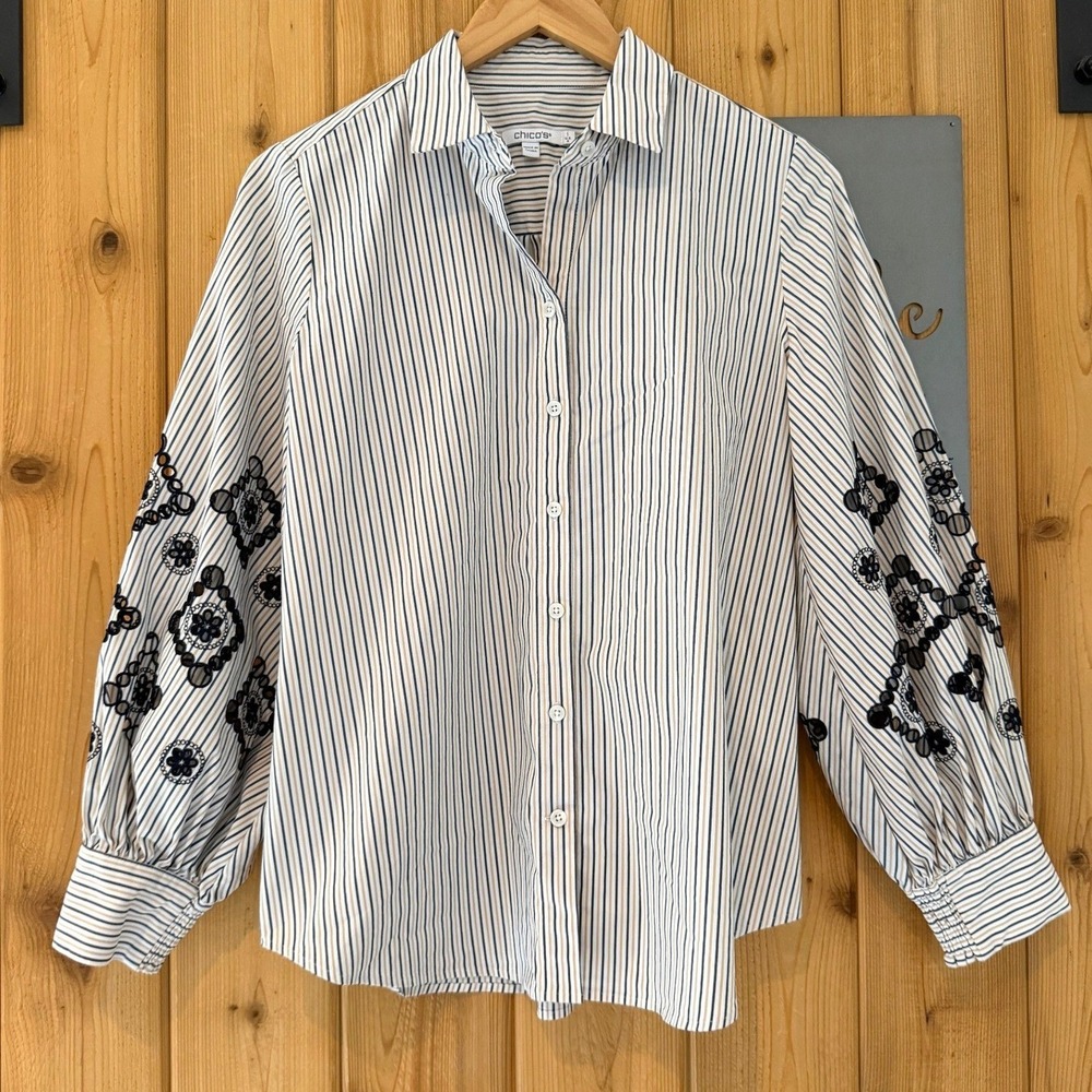Chico's Poplin Embroidered Stripe Button Down Shirt Size 8